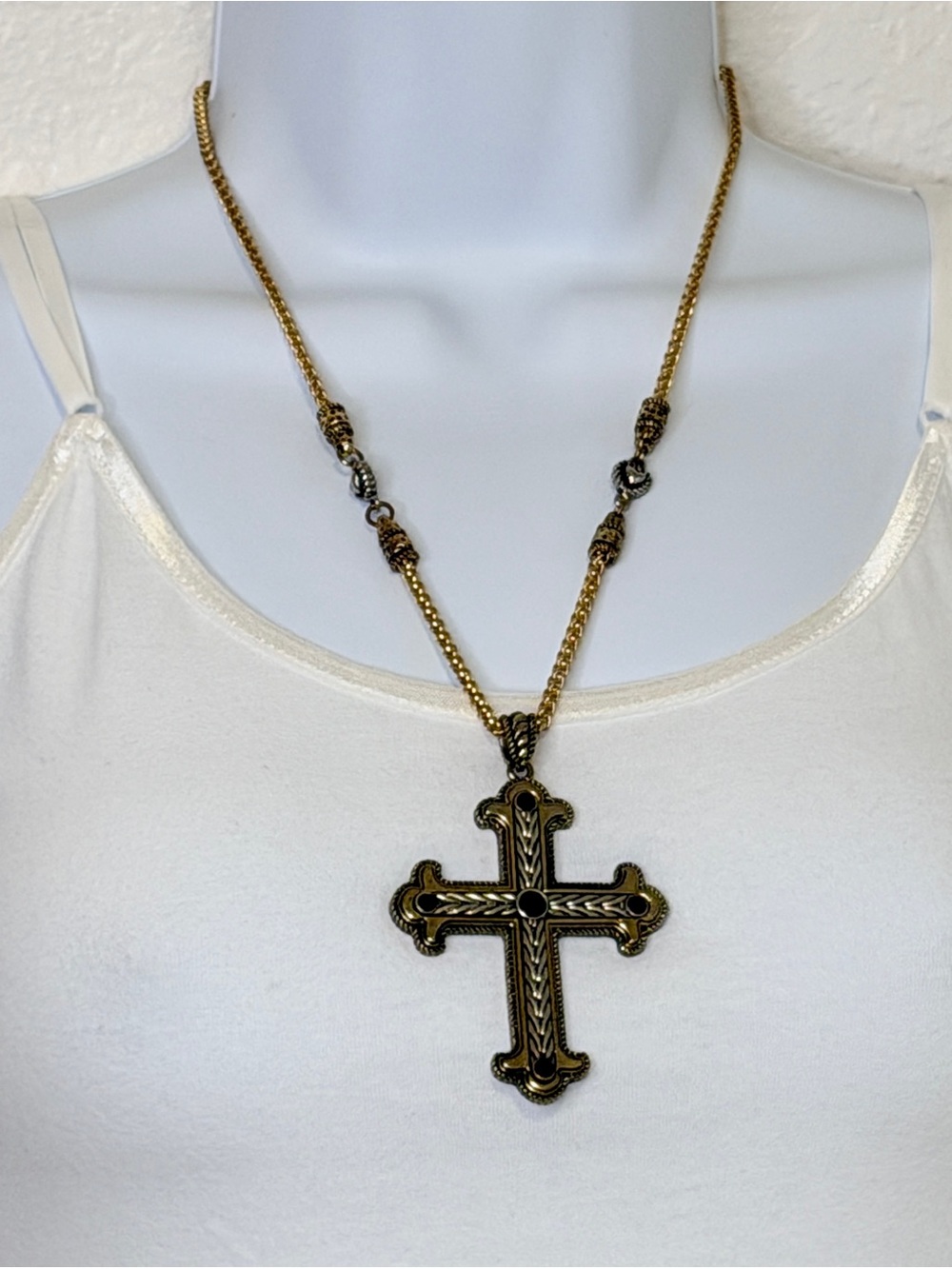 VTG Cynthia Gale Cg Necklace 20” Cross Pendant Two-Toned Religious Gothic 1990s